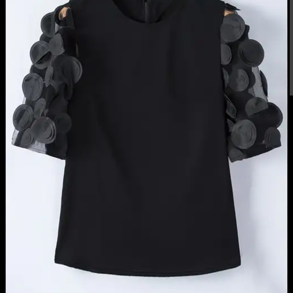 NWOT Elegant Black Applique Sheer Sleeve Top With Round Neck Size M/L - Picture 3 of 4